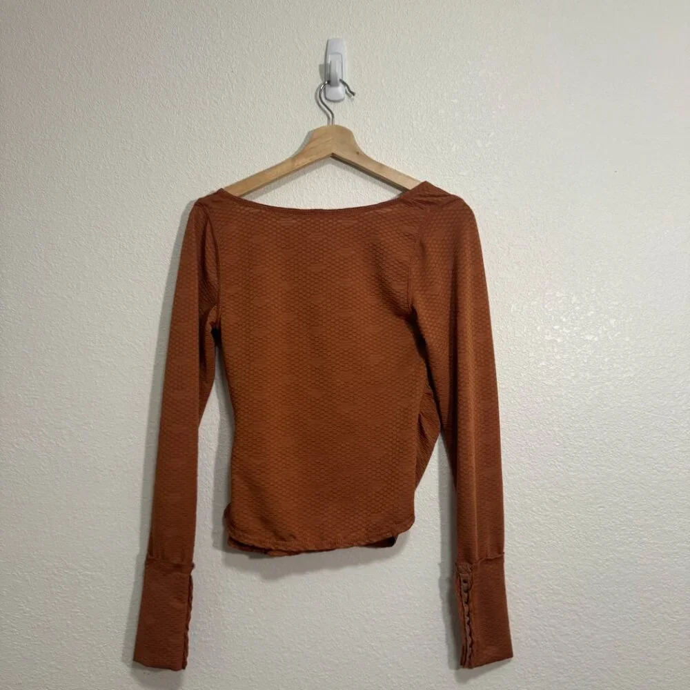 ☀️ FREE PEOPLE Penny Plunge Neck Stretch Wrap Long Sleeve Top Burnt Orange
